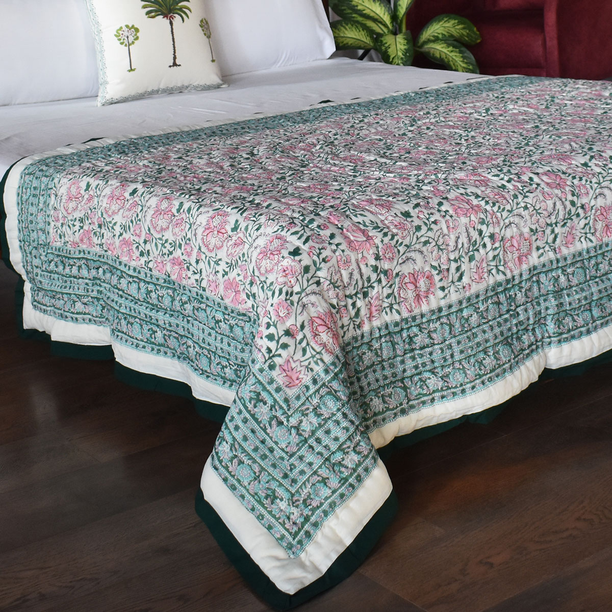 Hand Block Printed Cotton Twin Size Quilt Mohini Green Gud 620605