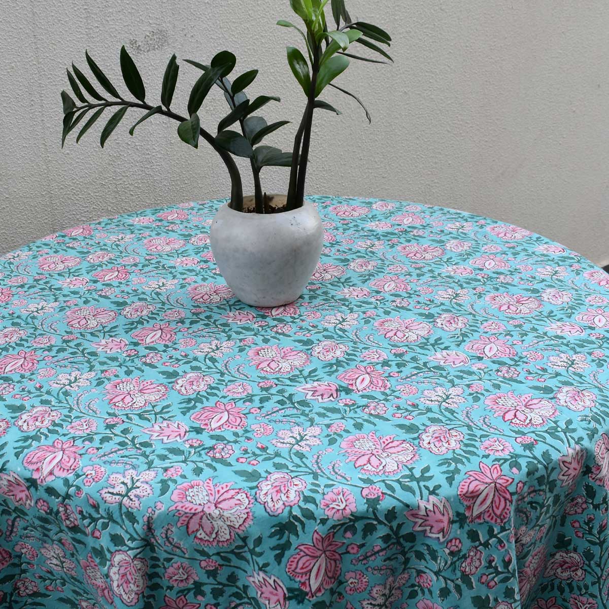Hand Block Printed Cotton Round Tablecloth 220 cms Mohini Green Gud 620605