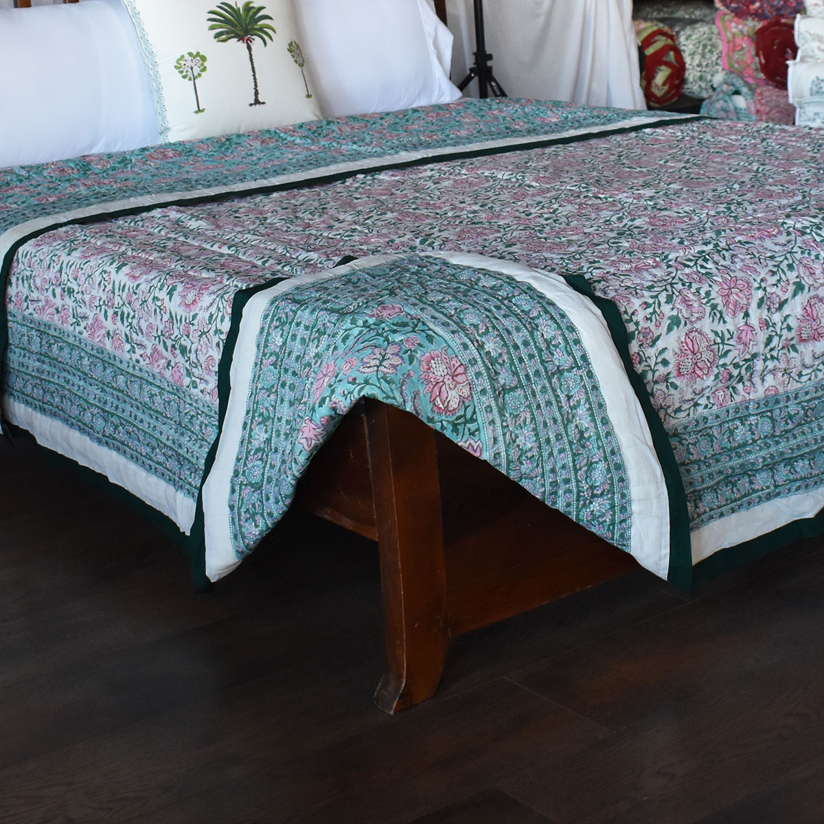 Hand Block Printed Cotton King Size Quilt Mohini Green Gud 620605