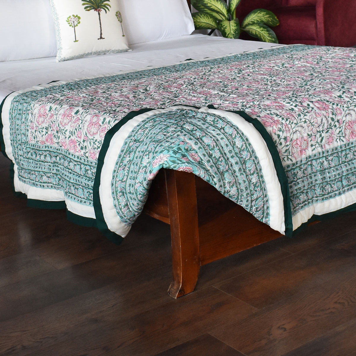 Hand Block Printed Cotton Twin Size Quilt Mohini Green Gud 620605