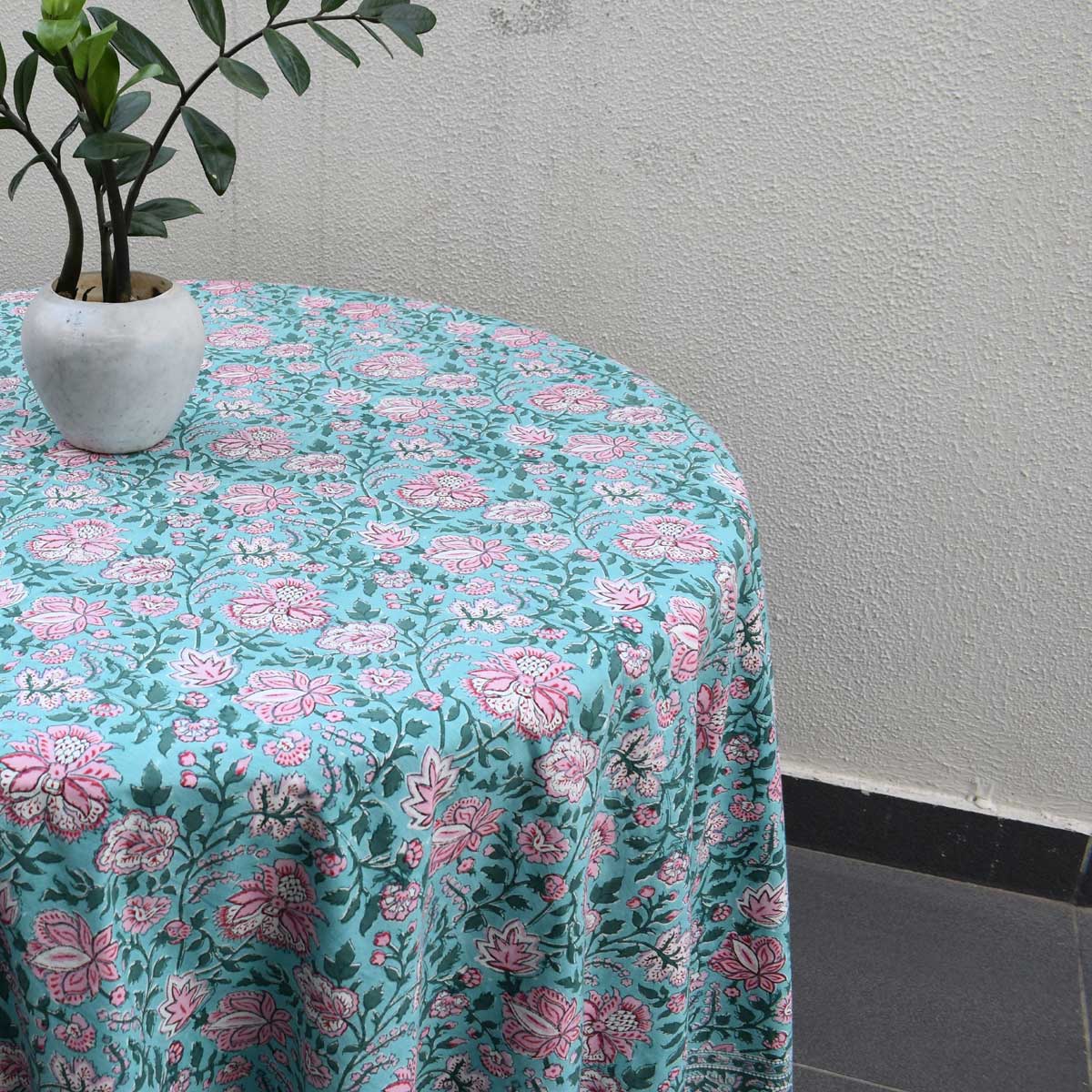 Hand Block Printed Cotton Round Tablecloth 275 cms Mohini Green Gud 620605