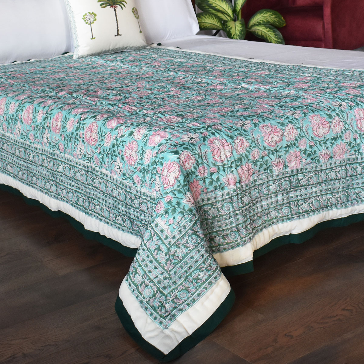 Hand Block Printed Cotton Twin Size Quilt Mohini Green Gud 620605