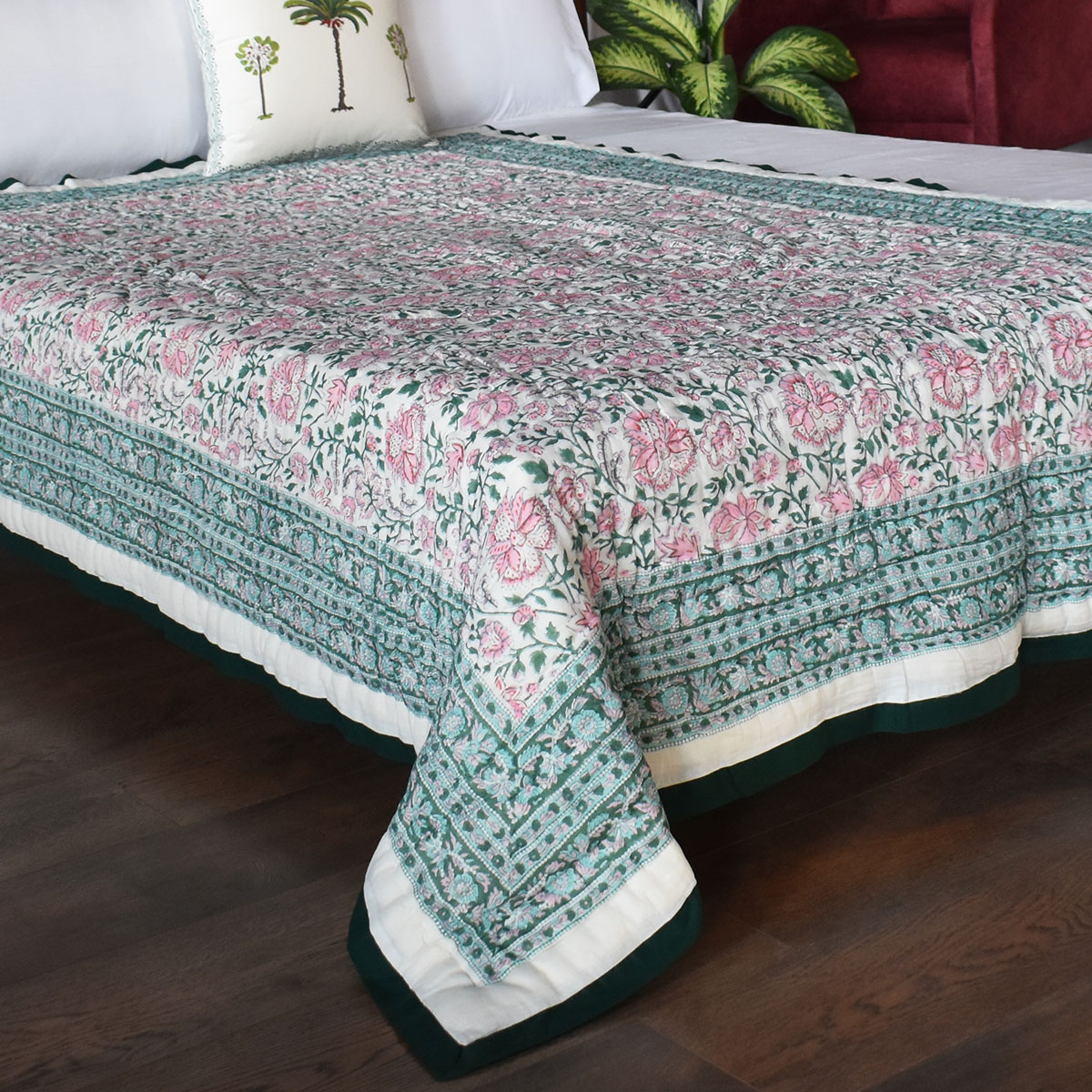 Hand Block Printed Cotton Twin Size Quilt Mohini Green Gud 620605