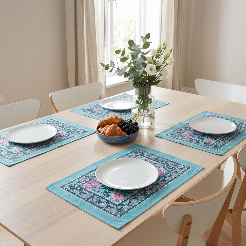 Hand Block Printed Cotton Canvas Table Mat 32x48 cms Set of 2 Table mats Mohini Green Gud 620605
