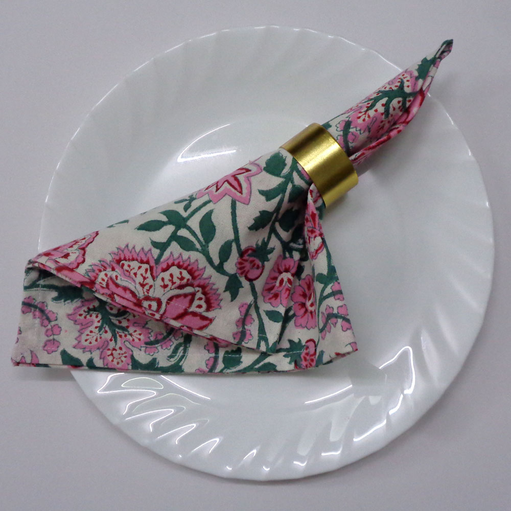 Hand Block Printed Cotton Napkin 45x45 cms Set of 4 Napkins Mohini Green Open 620606