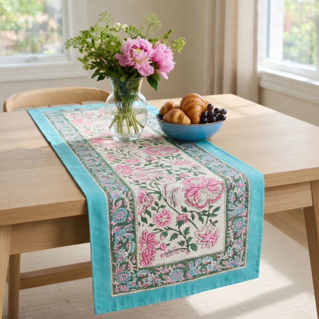 Hand Block Printed Cotton Canvas Table Runner 33x120 cms Mohini Green Open 620606