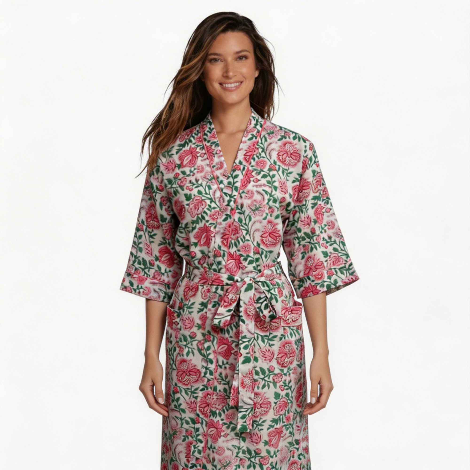 Indian Block-Printed 100 Cotton Kimono Mohini Green Open 620606