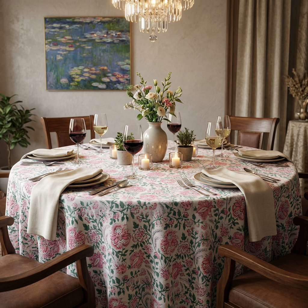 Hand Block Printed Cotton Round Tablecloth 275 cms  Mohini Green Open 620606