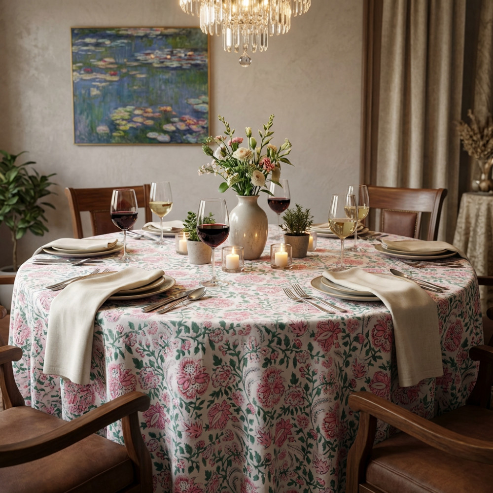 Image of Hand Block Printed Cotton Round Tablecloth 180 cms | Mohini Green Open 620606