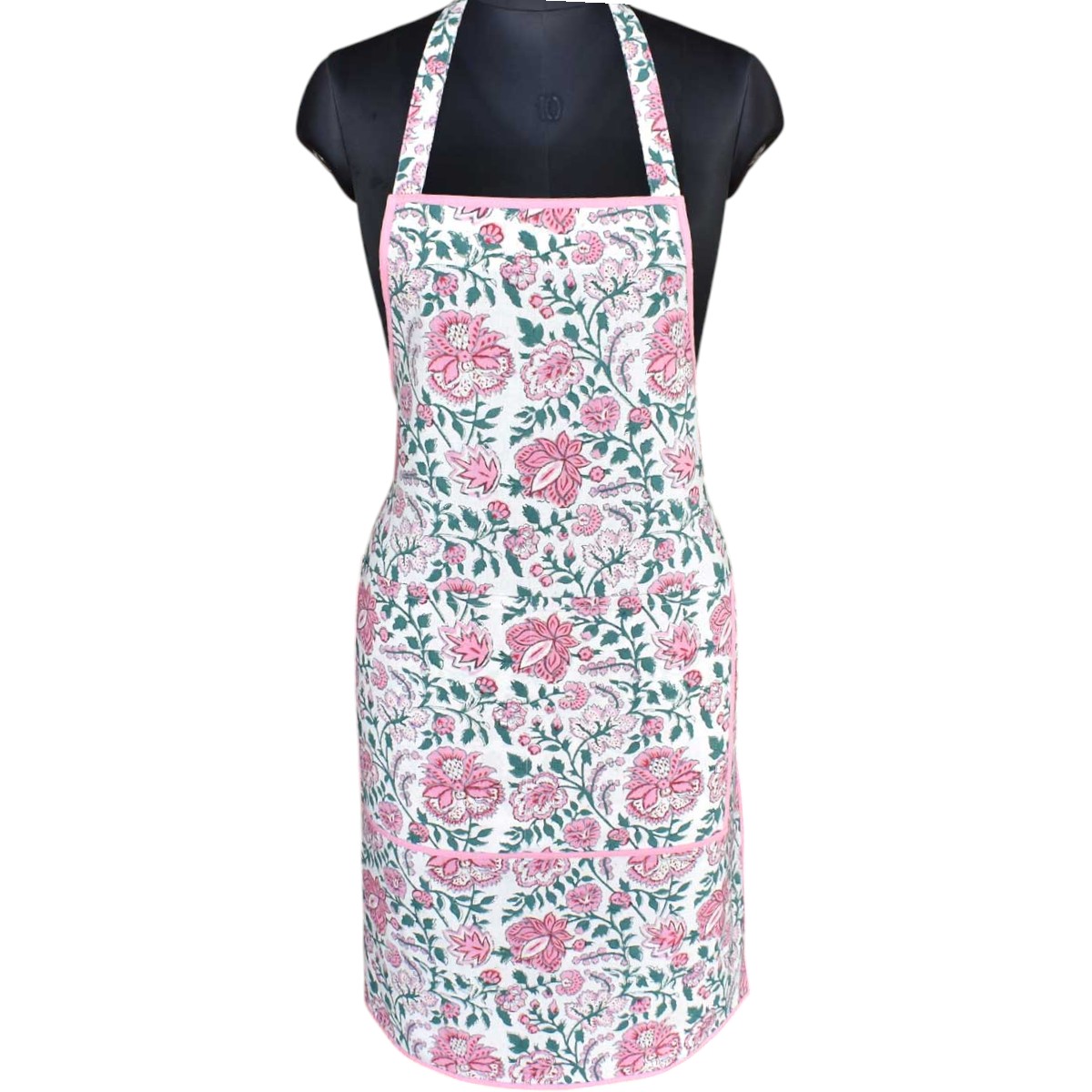 Indian Block-Printed 100 Cotton Apron Mohini Green Open 620606