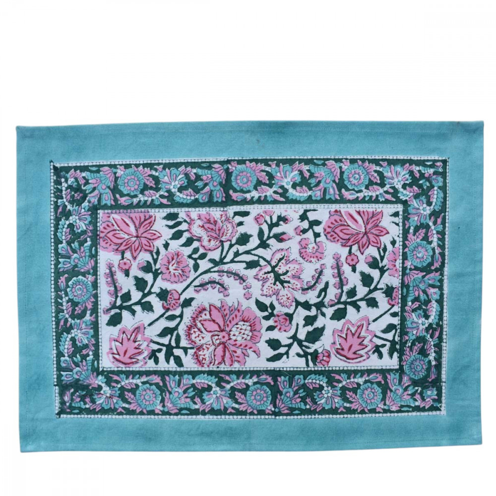 Image of Hand Block Printed Cotton Canvas Table Mat 32x48 cms (Set of 2 Table mats) | Mohini Green Open 620606