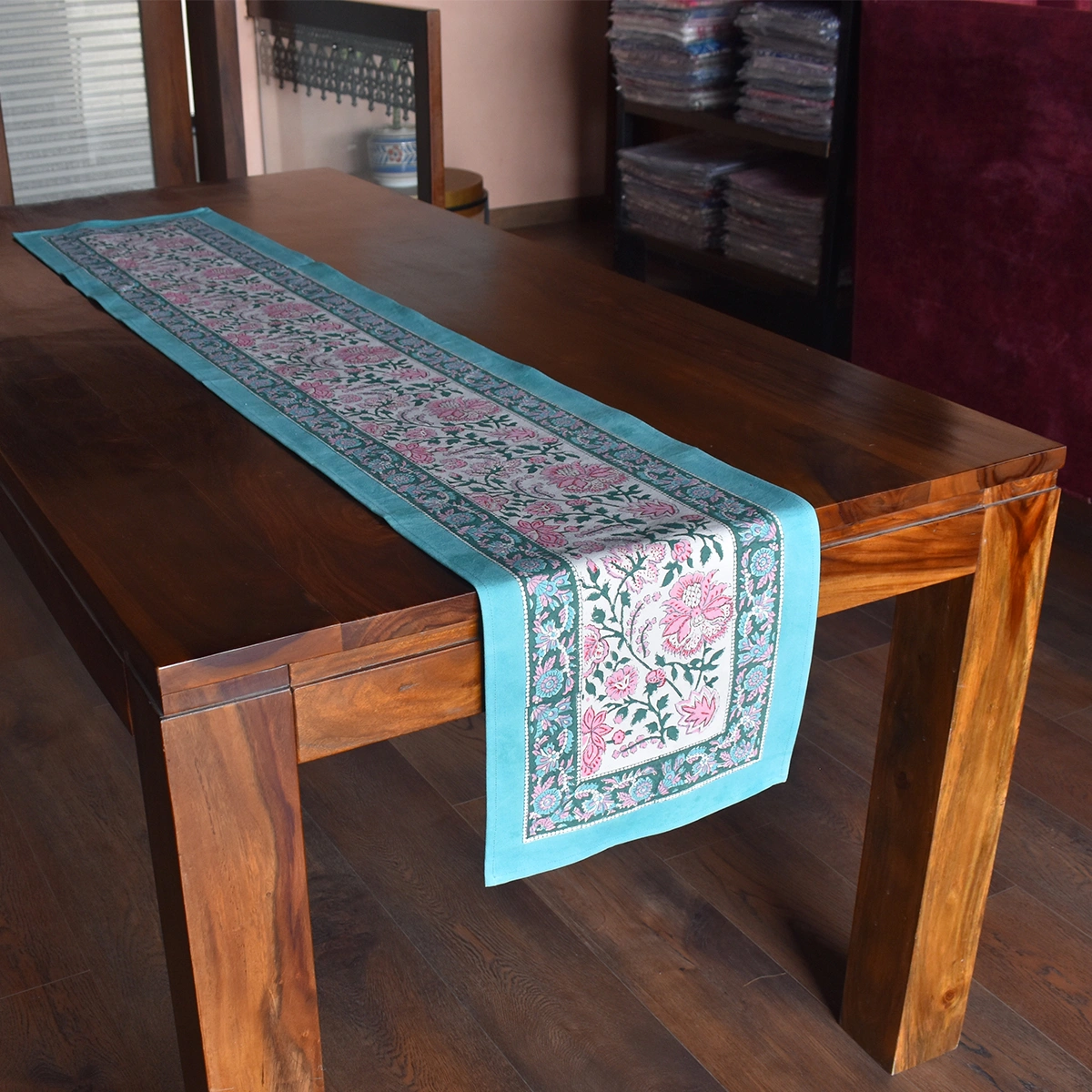Hand Block Printed Cotton Canvas Table Runner 33x170 cms Mohini Green Open 620606