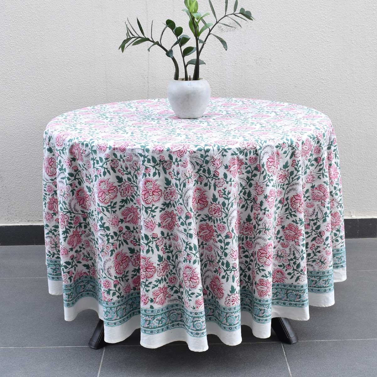 Hand Block Printed Cotton Round Tablecloth 220 cms Mohini Green Open 620606
