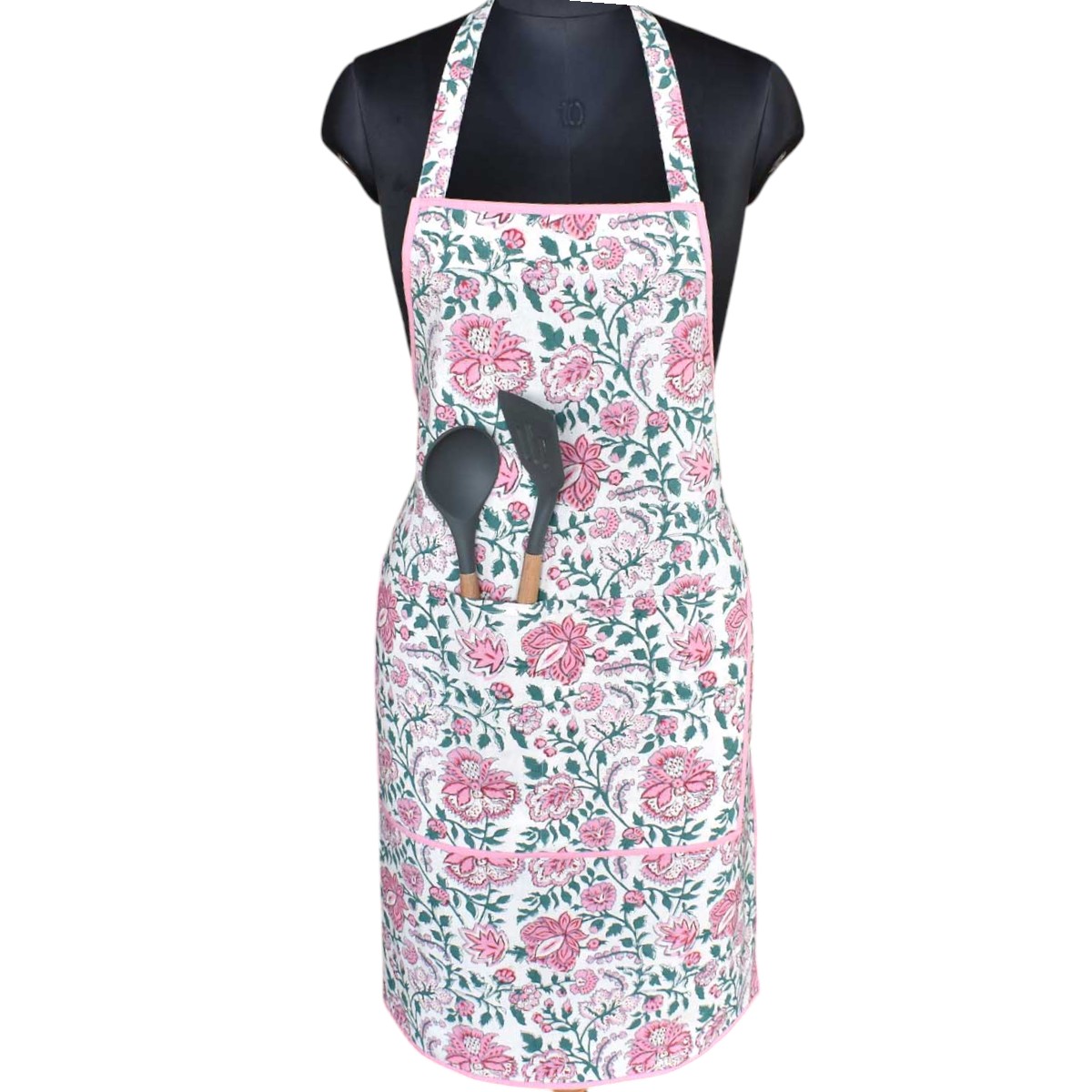 Indian Block-Printed 100 Cotton Apron Mohini Green Open 620606
