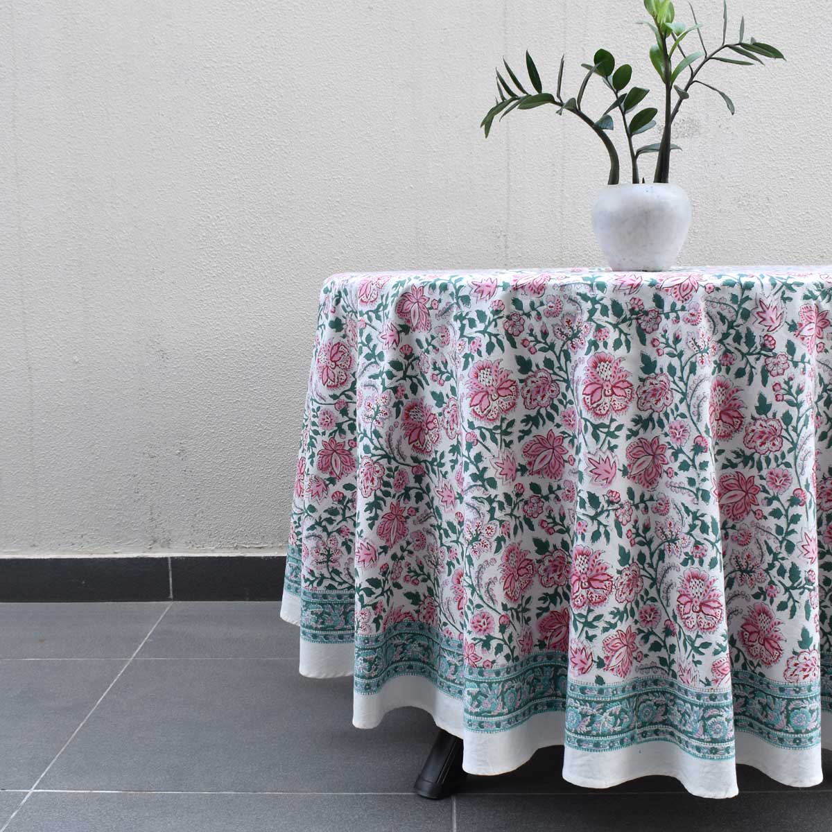 Hand Block Printed Cotton Round Tablecloth 180 cms  Mohini Green Open 620606