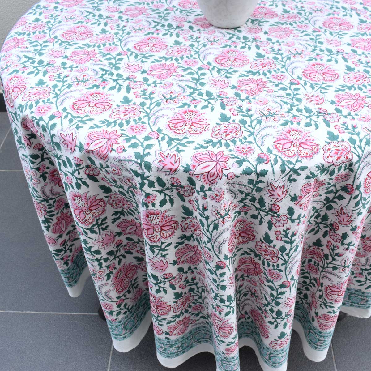 Hand Block Printed Cotton Round Tablecloth 150 cms Mohini Green Open 620606