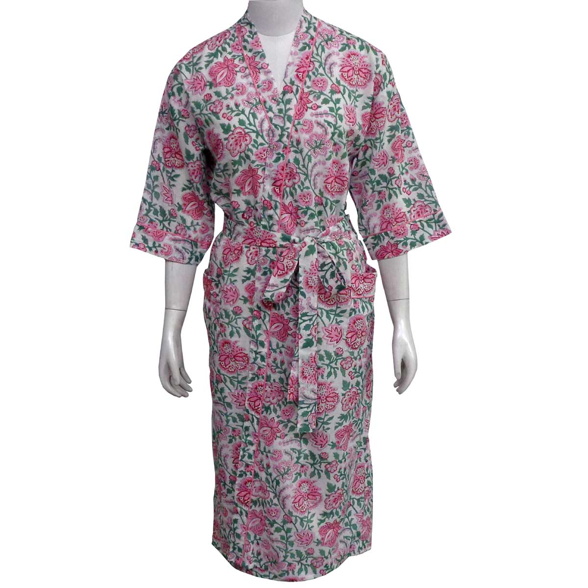 Indian Block-Printed 100 Cotton Kimono Mohini Green Open 620606