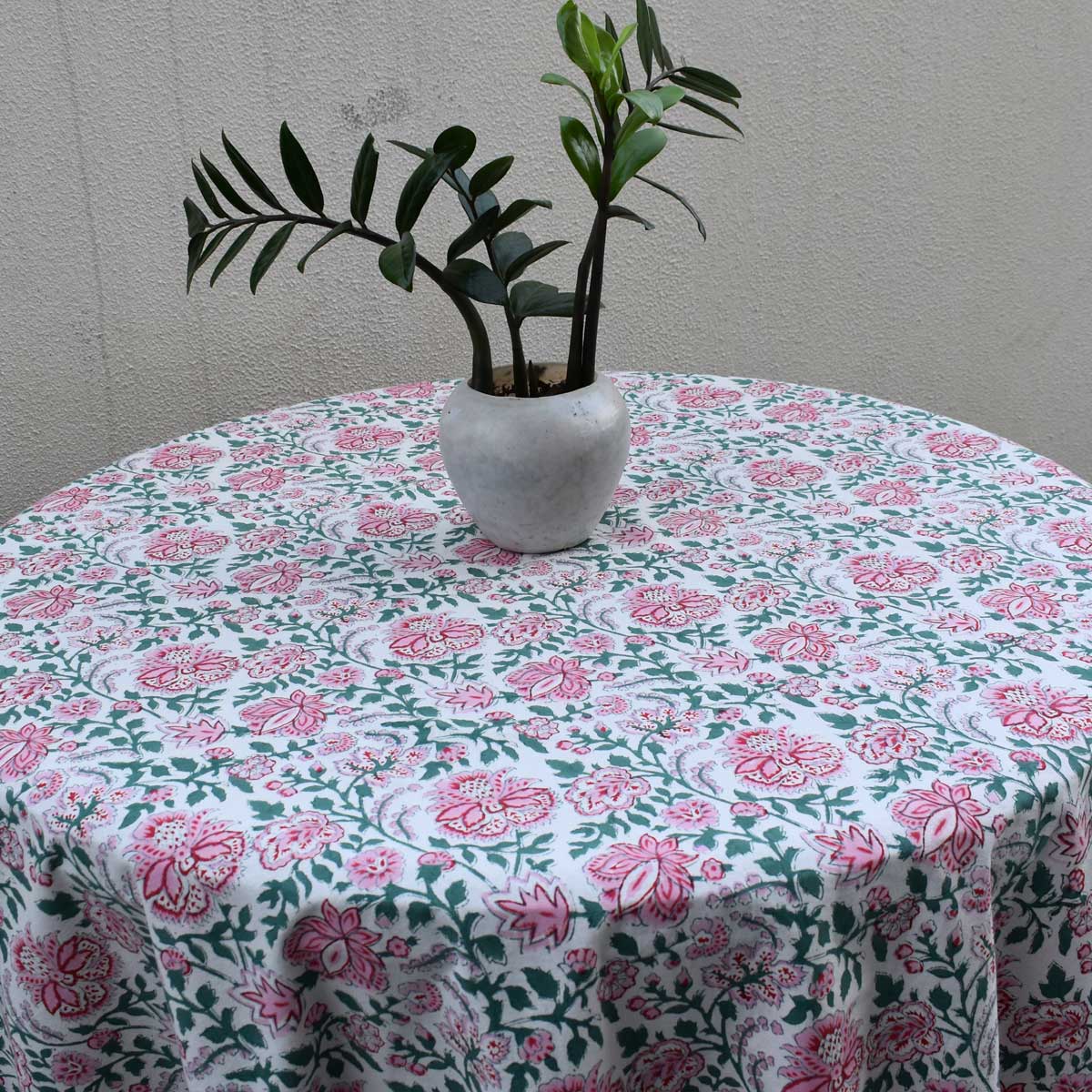 Hand Block Printed Cotton Round Tablecloth 150 cms Mohini Green Open 620606