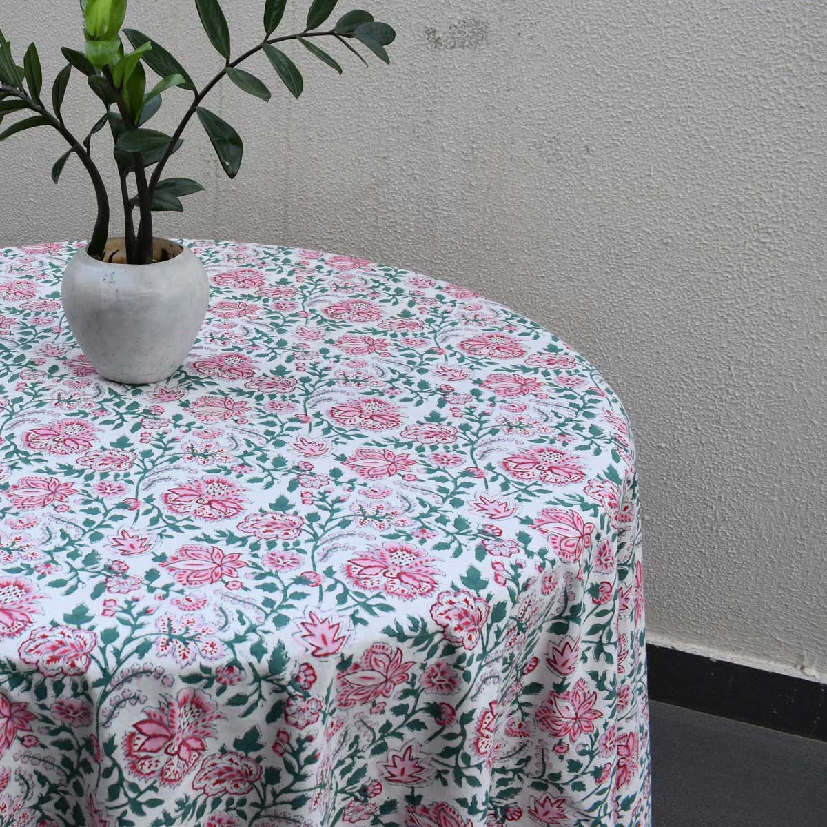 Hand Block Printed Cotton Round Tablecloth 275 cms  Mohini Green Open 620606