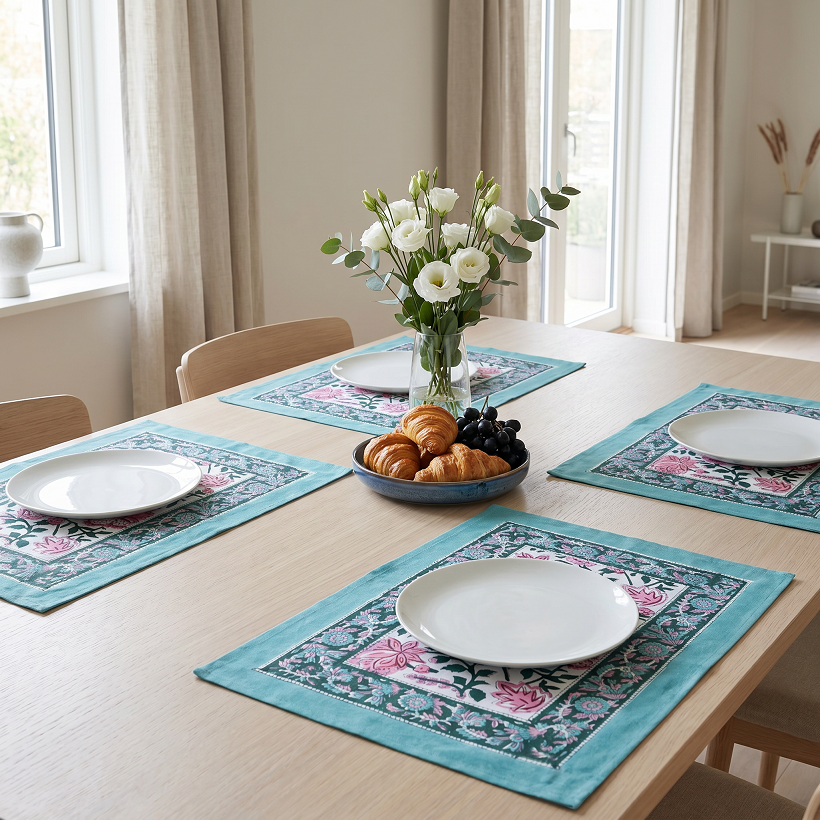 Hand Block Printed Cotton Canvas Table Mat 32x48 cms Set of 2 Table mats Mohini Green Open 620606
