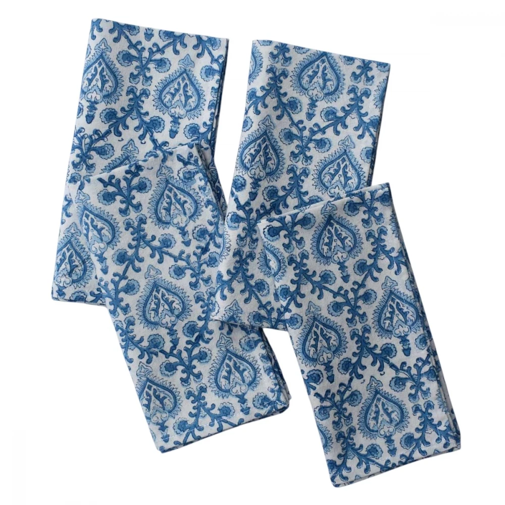 Image of Hand Block Printed Cotton Napkin 45x45 cms (Set of 4 Napkins) | Mughal Blue 202521