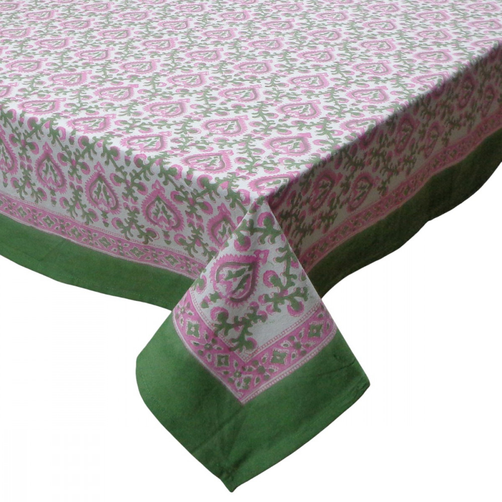 Image of Wood Block Printed Handmade Tablecloth 150x220 cms | Mughal Pink Green 202520