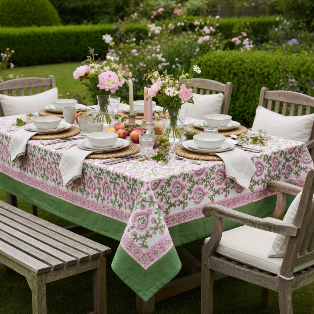Image of 12 Seater Tablecloth – 180x340 cms | Mughal Pink Green 202520