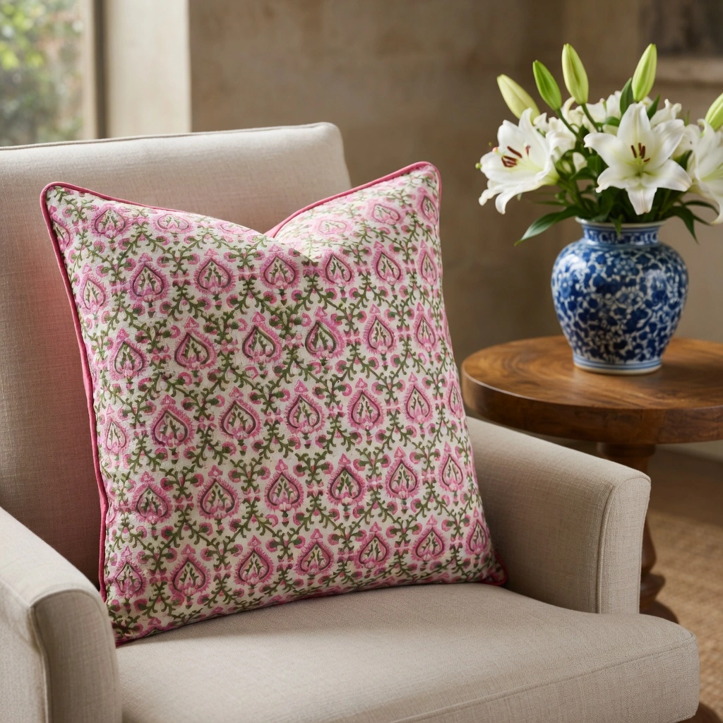 Piping Cushion Cover 50x50 cms Mughal Pink Green 202520