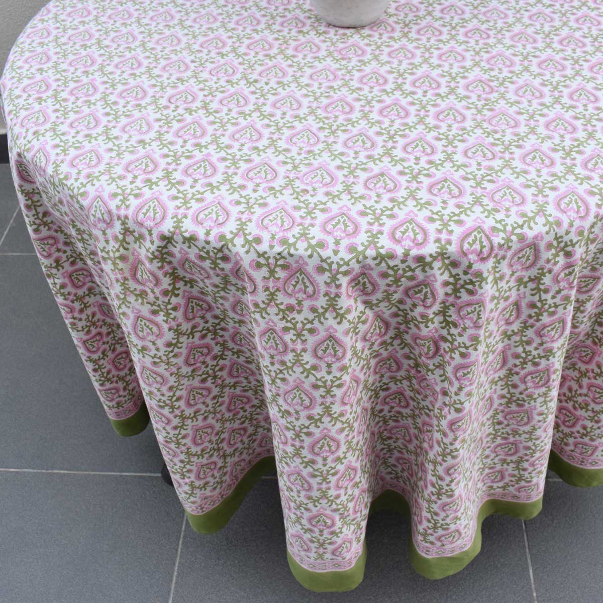 Round 220 cms Cotton French Design Table Cover Mughal Pink Green 202520