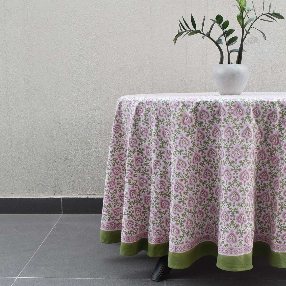 Round 220 cms Cotton French Design Table Cover Mughal Pink Green 202520