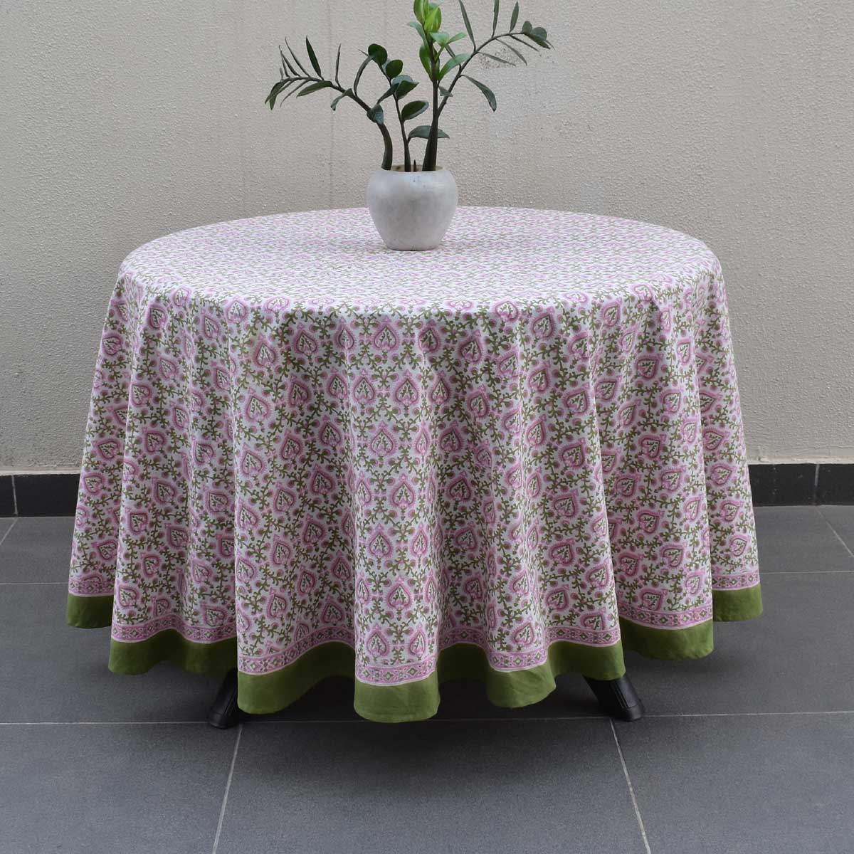 Round 220 cms Cotton French Design Table Cover Mughal Pink Green 202520