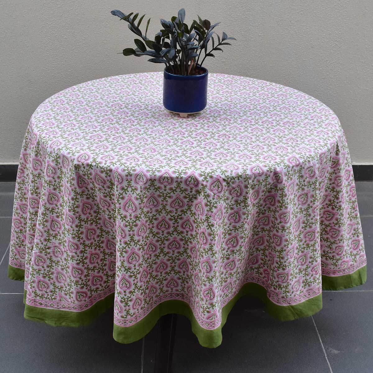 Round 220 cms Cotton French Design Table Cover Mughal Pink Green 202520