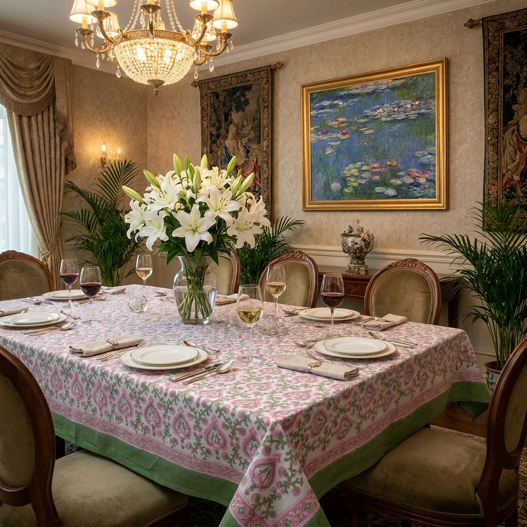 12 Seater Tablecloth 180x340 cms Mughal Pink Green 202520