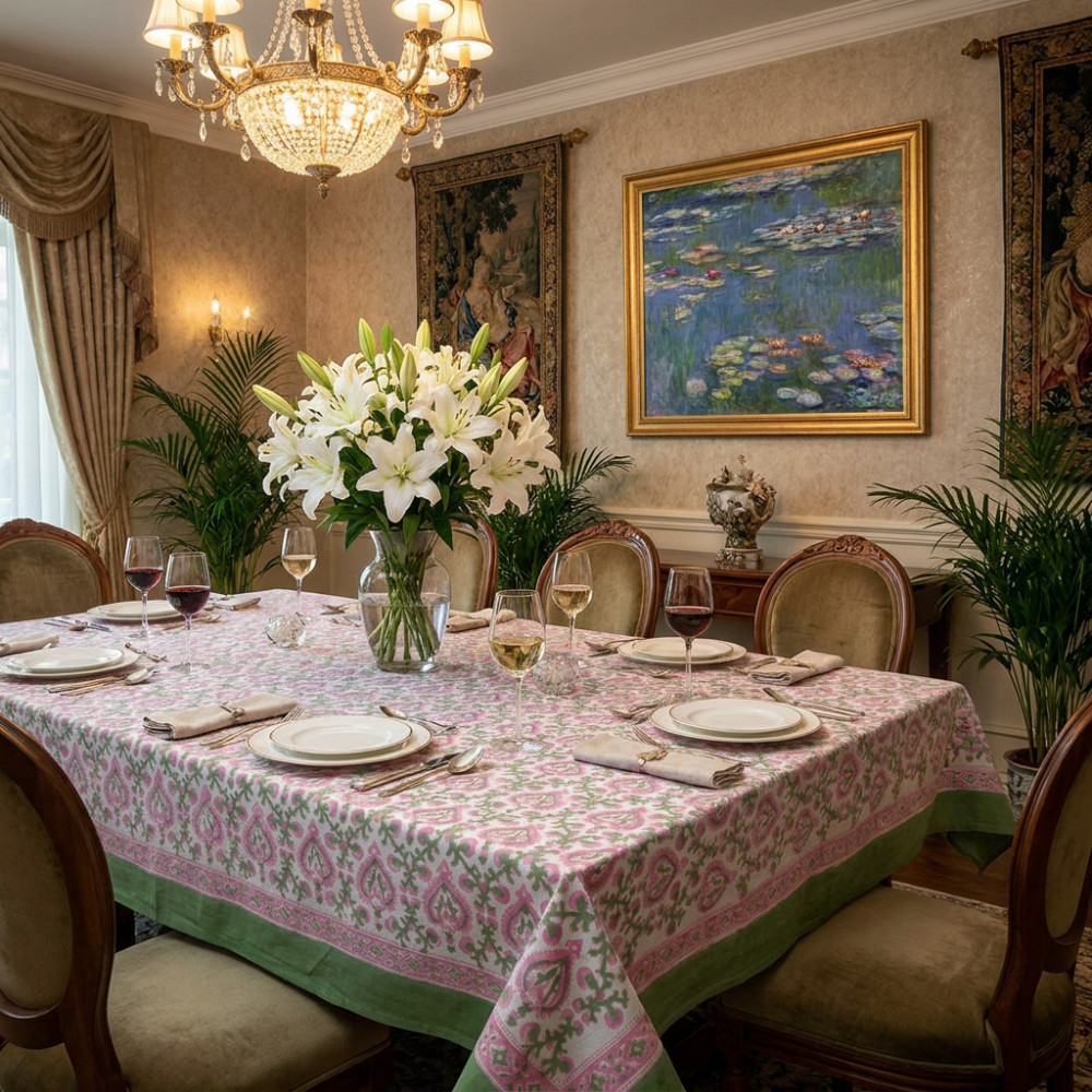 Image of Tablecloth 180x270 cms | Mughal Pink Green 202520