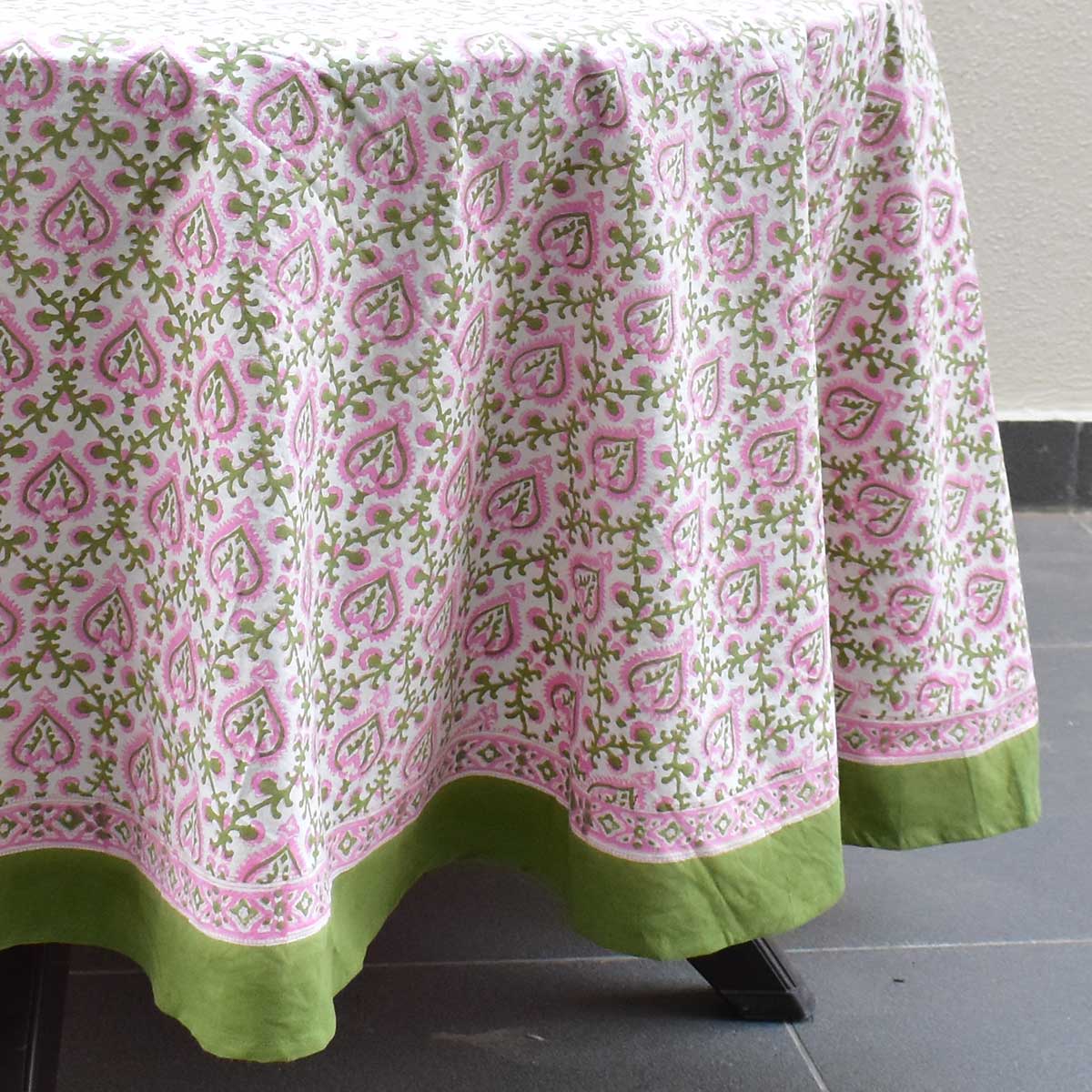 Round 220 cms Cotton French Design Table Cover Mughal Pink Green 202520