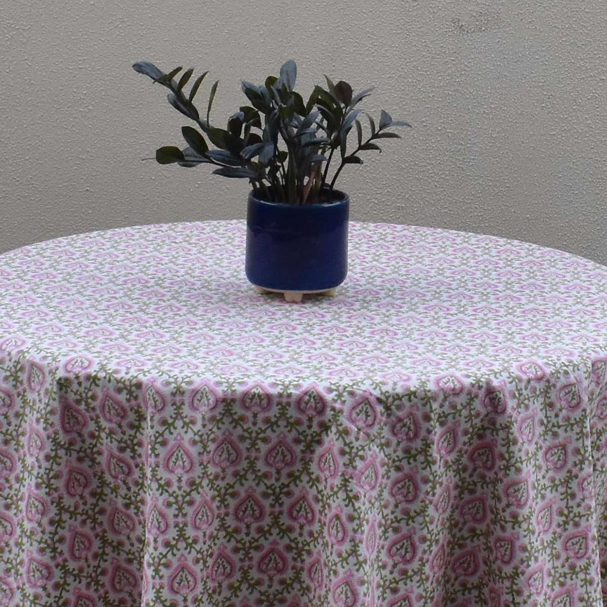 Round 220 cms Cotton French Design Table Cover Mughal Pink Green 202520
