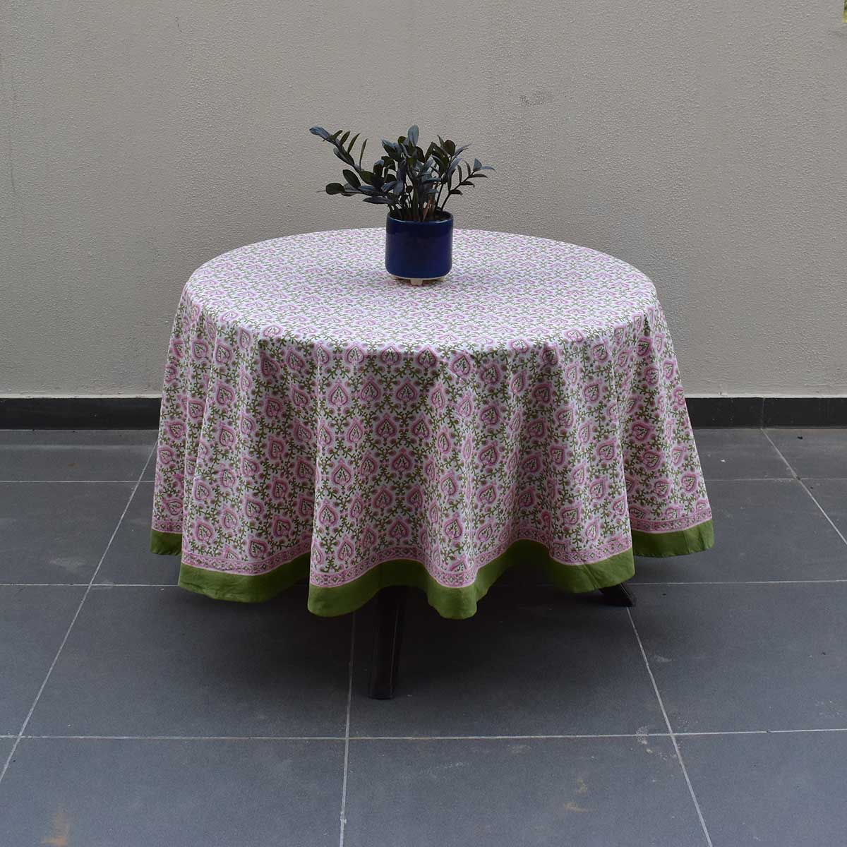 Round 220 cms Cotton French Design Table Cover Mughal Pink Green 202520