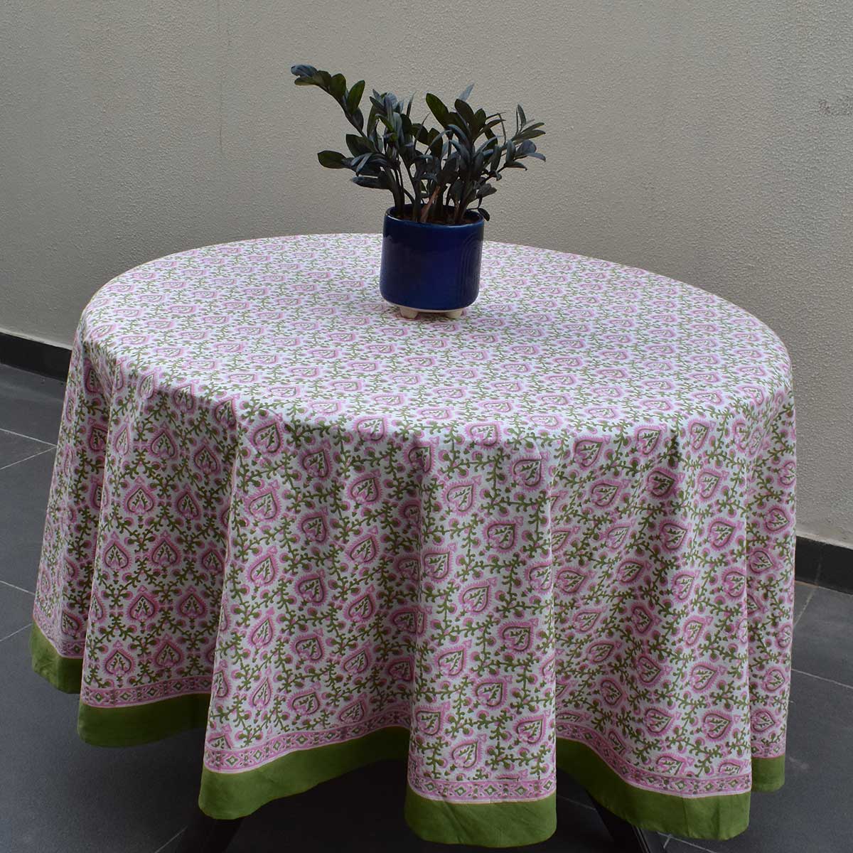 Round 220 cms Cotton French Design Table Cover Mughal Pink Green 202520