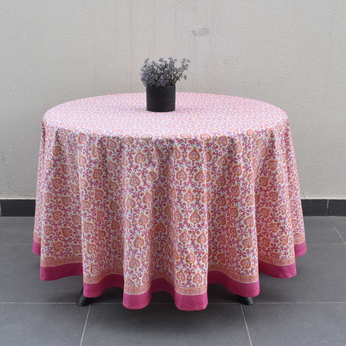 Round 220 cms Cotton French Design Table Cover Mughal Pink Orange 202523