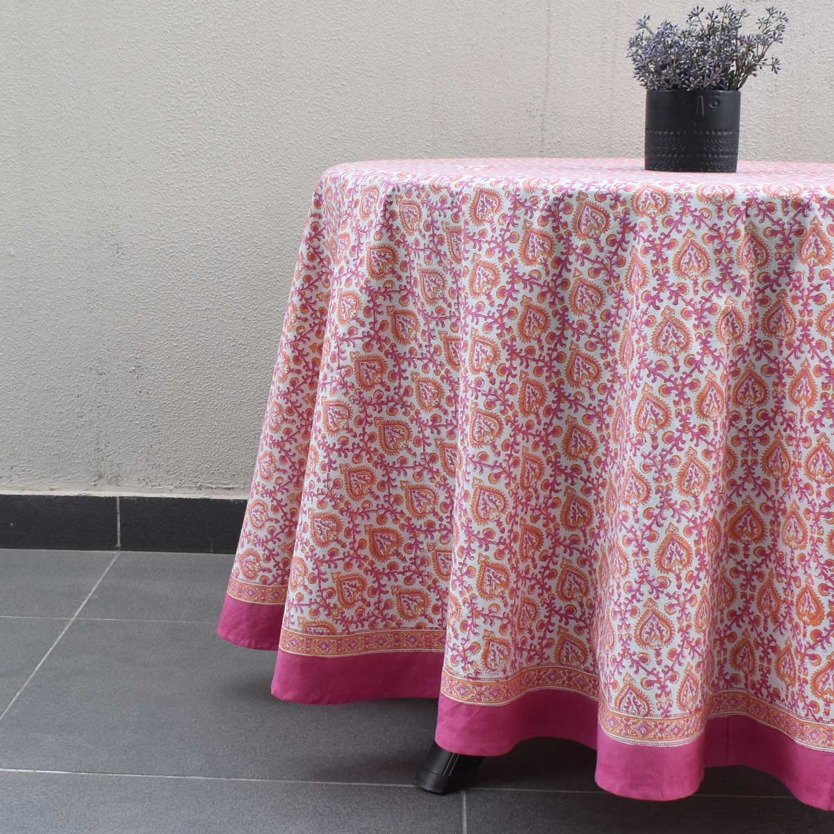 Round 220 cms Cotton French Design Table Cover Mughal Pink Orange 202523