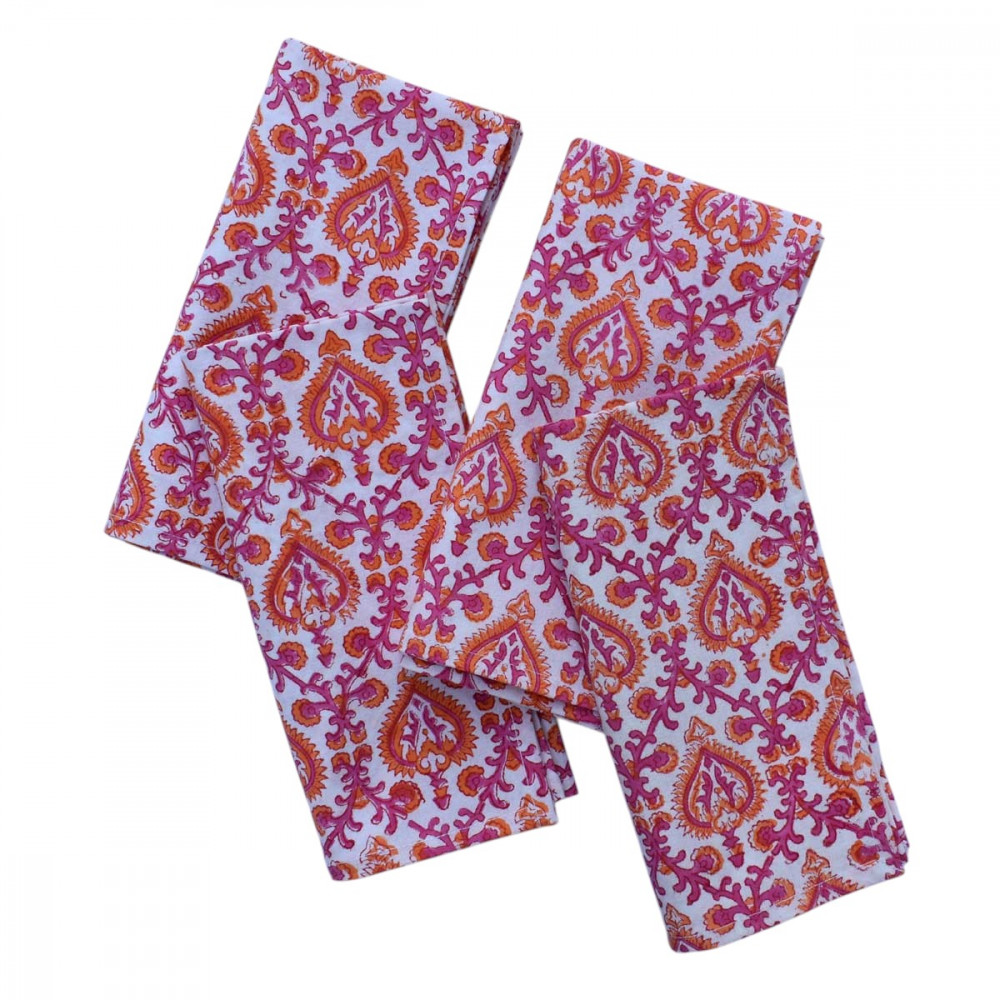Image of Hand Block Printed Cotton Napkin 45x45 cms (Set of 4 Napkins) | Mughal Pink orange 202523