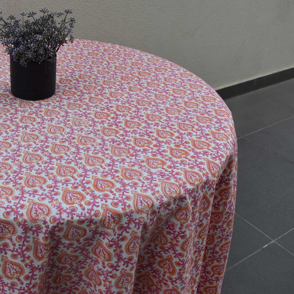 Round 220 cms Cotton French Design Table Cover Mughal Pink Orange 202523