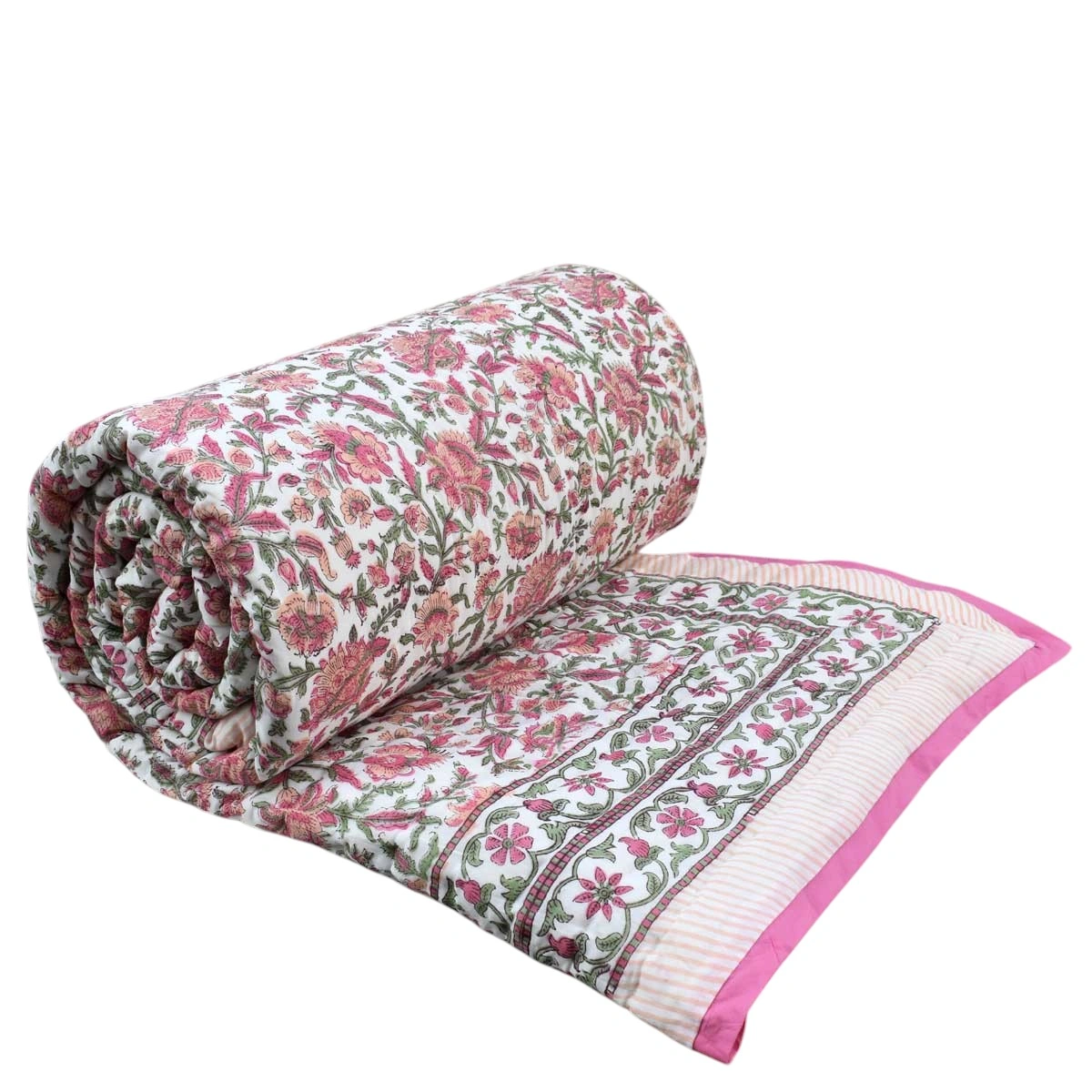 Hand Block Printed Cotton Queen Size Quilt Mughal Vine Rose 260103