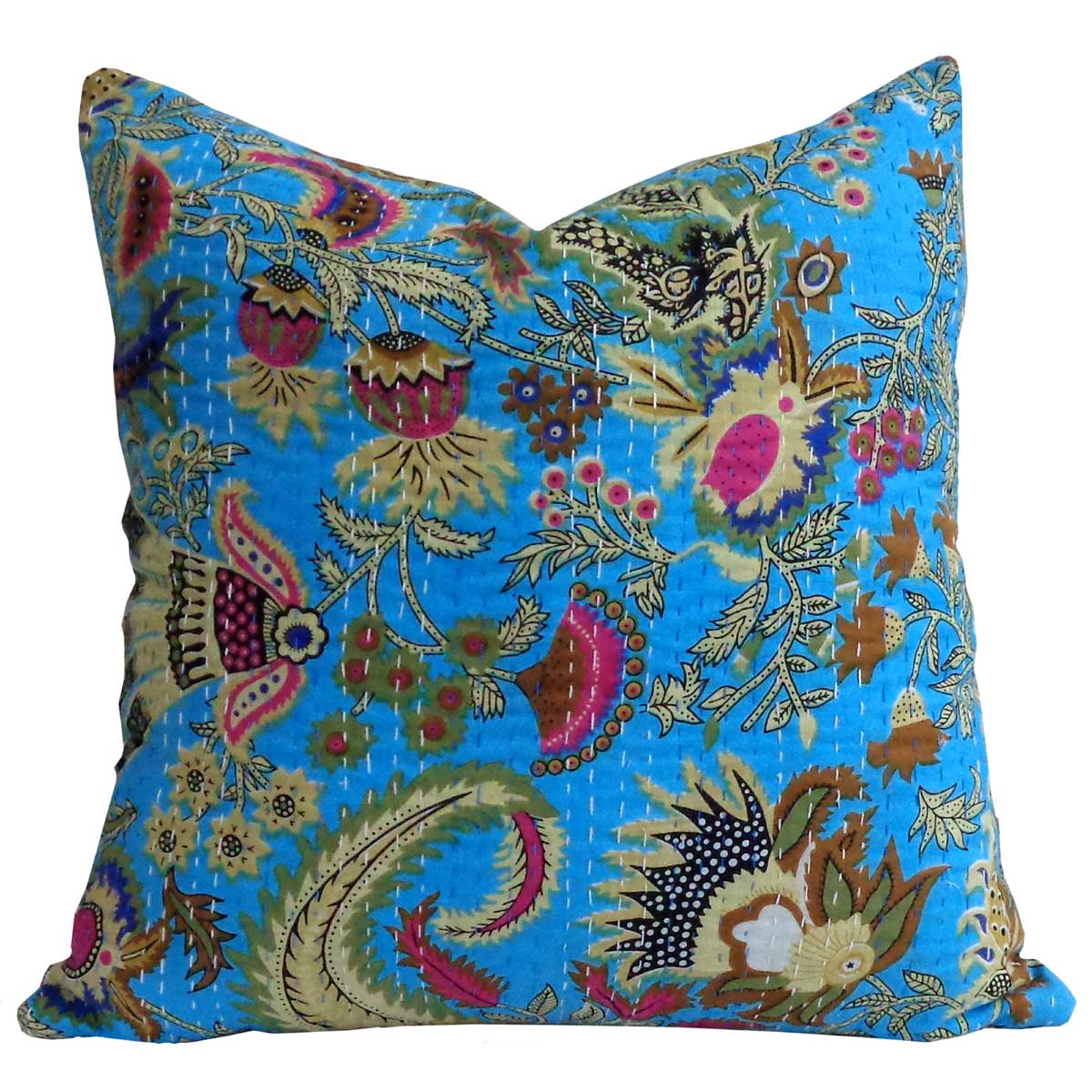 Tropical Design Hand Embroidered Kantha Cushion Mukut Aqua 105548