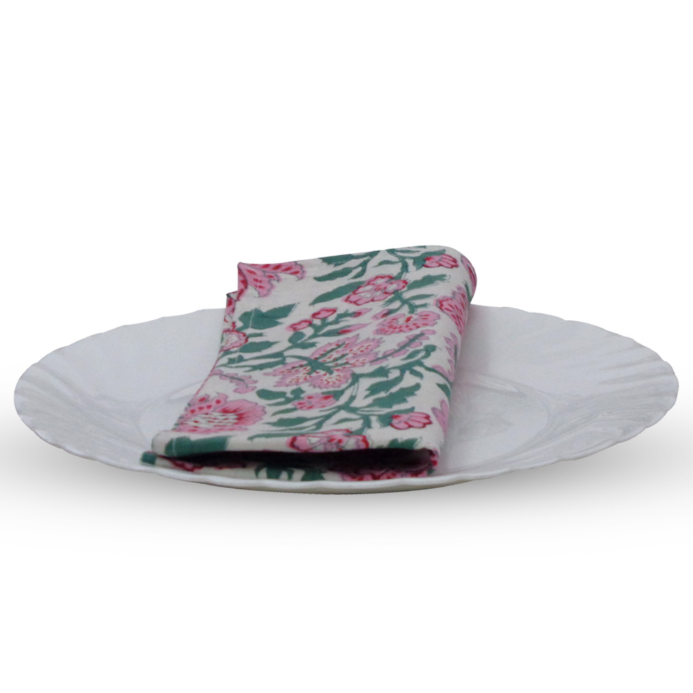 Hand Block Printed Cotton Napkin 45x45 cms Set of 4 Napkins Mohini Green Open 620606