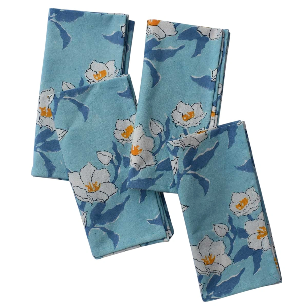 Hand Block Printed Cotton Napkin 45x45 cms Set of 4 Napkins  Camellia Blue Mist 260919