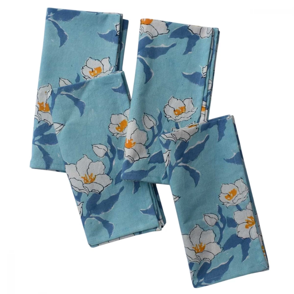 Image of Hand Block Printed Cotton Napkin 45x45 cms (Set of 4 Napkins) | Camellia Blue Mist 260919