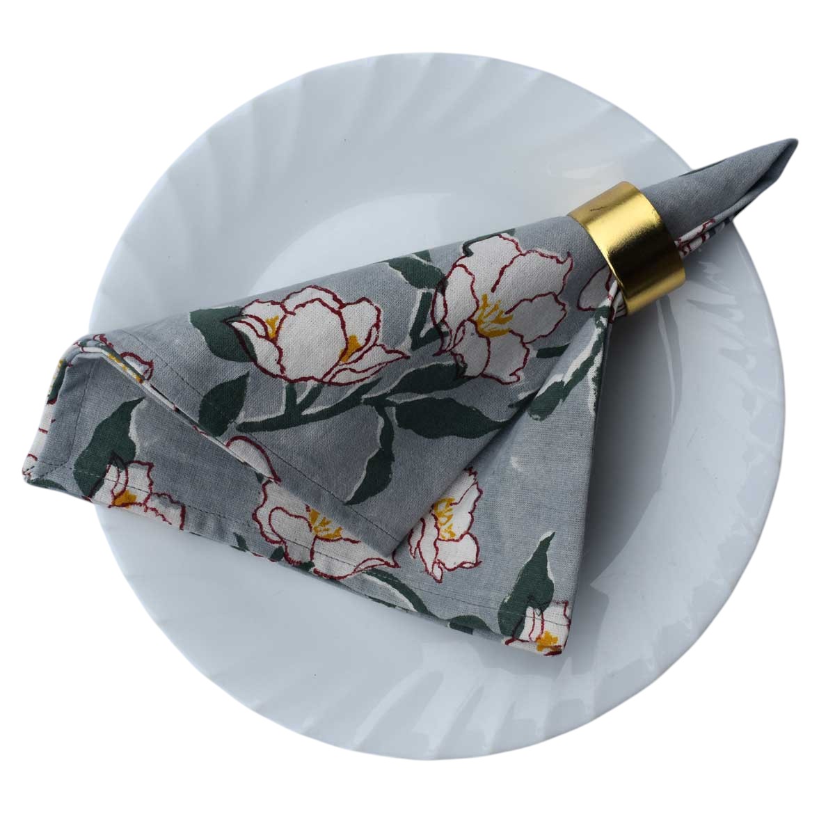 Hand Block Printed Cotton Napkin 45x45 cms Set of 4 Napkins  Camellia Snow Dusk 260419