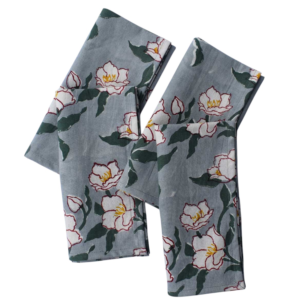 Hand Block Printed Cotton Napkin 45x45 cms Set of 4 Napkins  Camellia Snow Dusk 260419