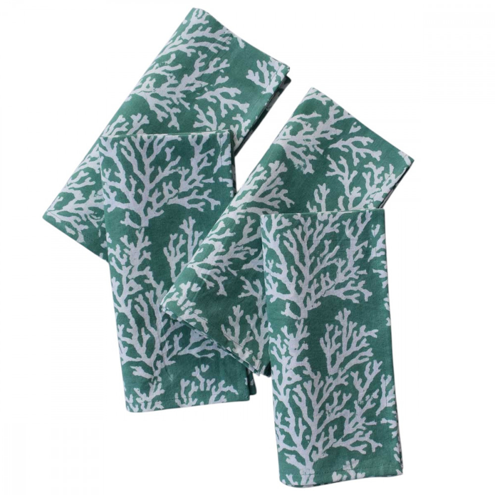 Image of Hand Block Printed Cotton Napkin 45x45 cms (Set of 4 Napkins) | Coral Green 202530